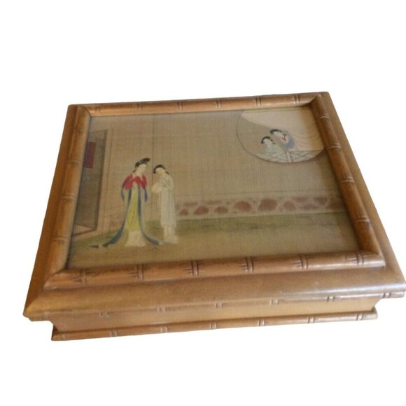 Vintage Bamboo-Style Wooden Jewelry Box With Asian-Inspired Glass-Lid Design & I - Picture 5 of 7